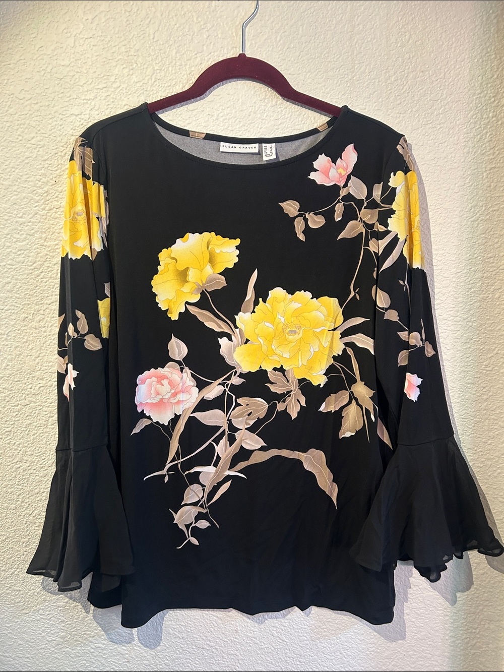Susan Graver Black Floral Bell Sleeve Blouse with Yellow Pink Flowers